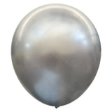 Closeup of 12 inch silver chrome metallic latex balloons with reflective shine from Funzoop The Party Shop