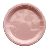 Baby pink seven inch paper party plate shown in clear packaging with a plain centre and ridged edge for dessert servings.