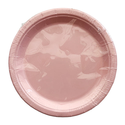 Baby pink seven inch paper party plate shown in clear packaging with a plain centre and ridged edge for dessert servings.