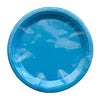 Blue seven inch paper party plate shown in clear packaging with a plain centre and ridged edge for colourful dessert settings.