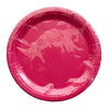 Hot pink seven inch paper party plate shown in clear packaging with a plain centre and ridged edge for party desserts.