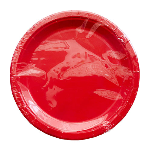 Red seven inch paper party plate shown in clear packaging with a plain centre and ridged edge for birthday dessert servings.