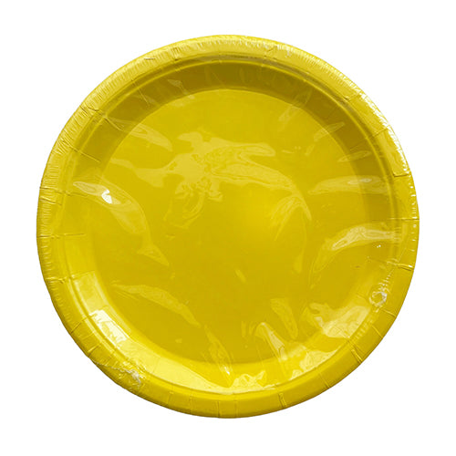Yellow seven inch paper party plate shown in clear packaging with a plain centre and ridged edge for cheerful dessert settings.