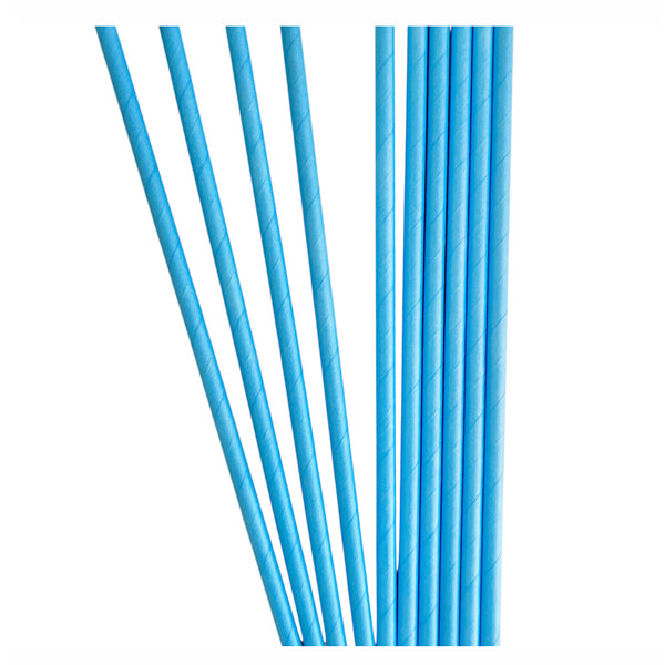 Light blue paper drinking straws shown grouped against a white background, providing a solid colour accent for coordinated party drinks.