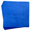Stack of blue paper party napkins shown folded with a plain design for matching drinks stations, snack tables and birthday settings.