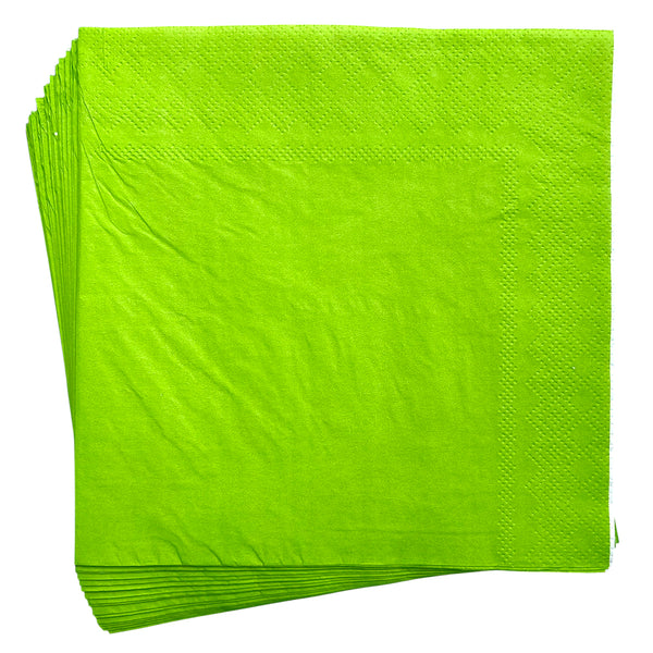 Stack of green paper party napkins shown folded with a plain design for nature inspired birthday tables and coordinated serving areas.