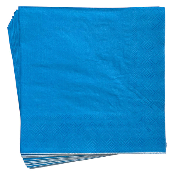 Stack of light blue paper party napkins shown folded with a plain design for matching birthday settings and celebration serving areas.