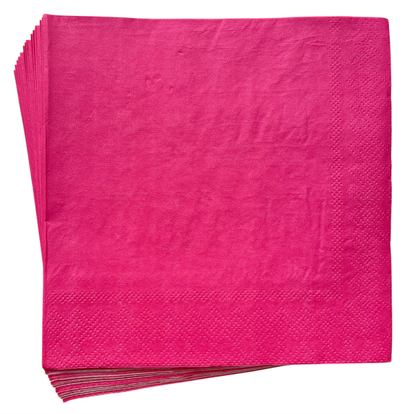 Stack of pink paper party napkins shown folded with a plain design for colourful birthday settings and coordinated celebration tableware.