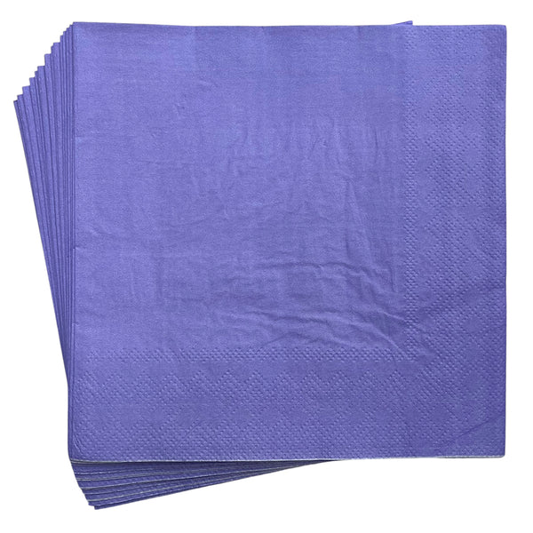 Stack of purple paper party napkins shown folded with a plain design for colour coordinated birthday tables and celebration snack stations.