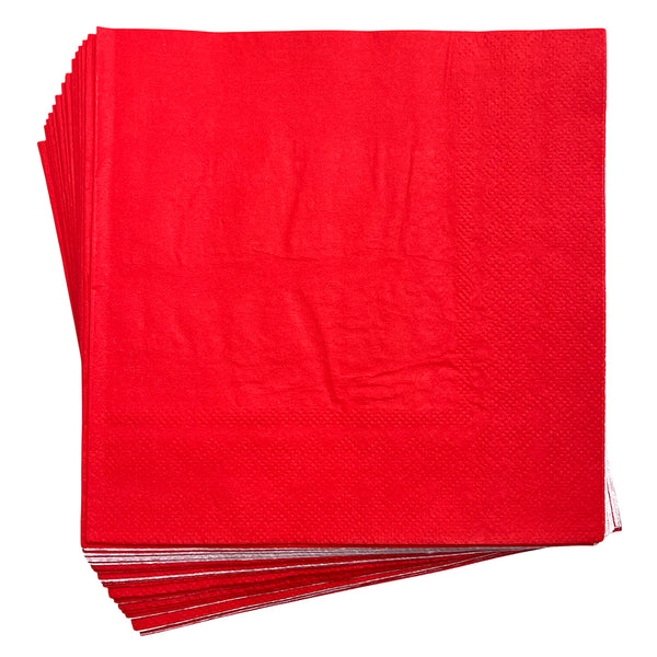 Stack of red paper party napkins shown folded with a plain design, adding a bright accent to coordinated celebration tableware.