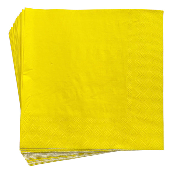 Stack of yellow paper party napkins shown folded with a plain design for a bright birthday table or celebration drinks station.