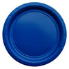 Blue nine inch paper party plate shown individually with a plain centre and ridged border for coordinated celebration tableware.