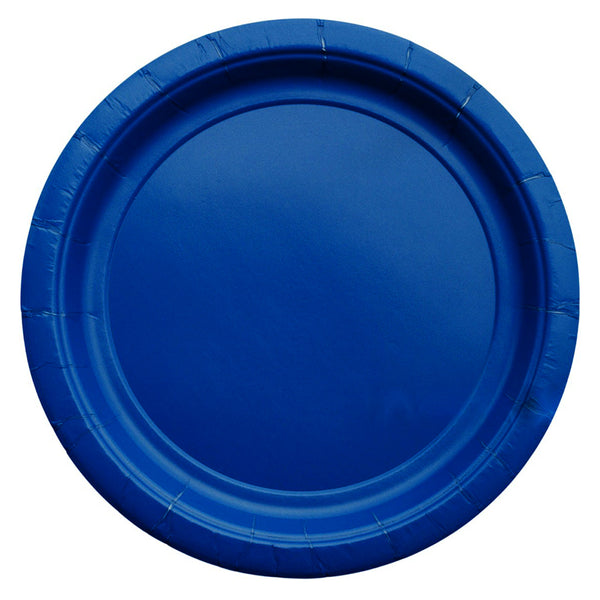 Blue nine inch paper party plate shown individually with a plain centre and ridged border for coordinated celebration tableware.