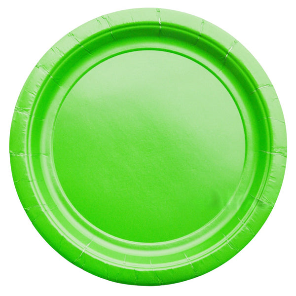Green nine inch paper party plate shown individually with a plain centre and ridged border for a bright celebration setting.