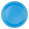 Light blue nine inch paper party plate shown individually with a plain centre and ridged border for coordinated celebration tableware.