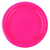 Pink nine inch paper party plate shown individually with a plain centre and ridged border for a colourful birthday setting.