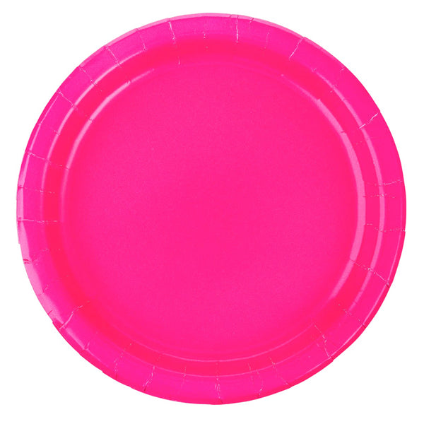 Pink nine inch paper party plate shown individually with a plain centre and ridged border for a colourful birthday setting.