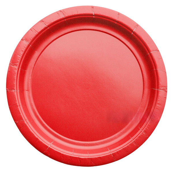 Red nine inch paper party plate shown individually with a plain centre and ridged border for birthday and celebration tables.