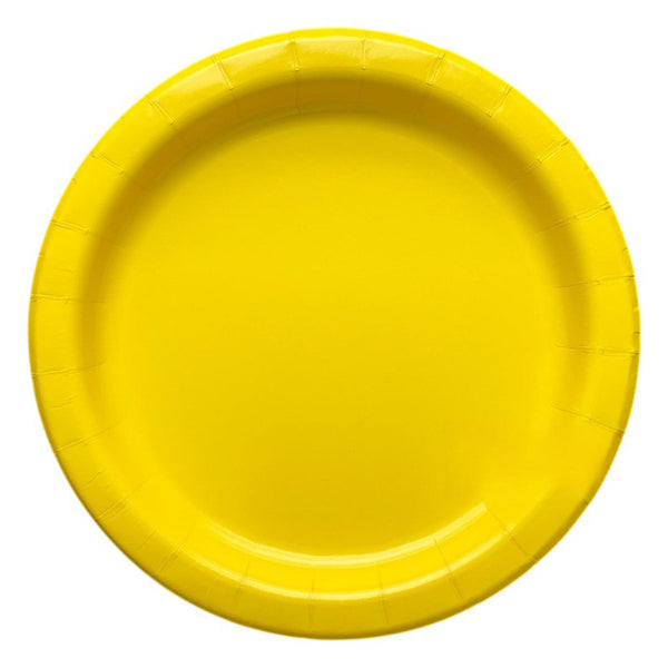 Yellow nine inch paper party plate shown individually with a plain centre and ridged border for a bright party table.