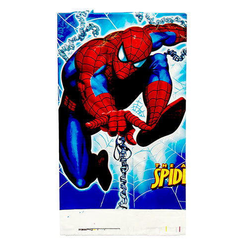 Packaged Spider-Man plastic table cover showing the red and blue superhero with web inspired artwork for a themed birthday table.