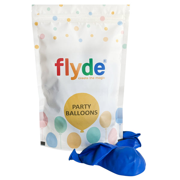Standard Blue latex balloons product packaging, showing the colour range supplied for twelve-inch party balloons used in supported displays or celebration decorations.