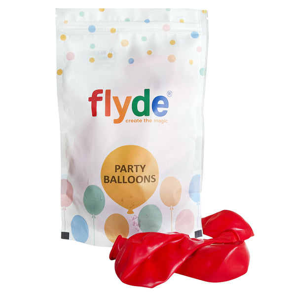 Standard Red latex balloons product packaging, showing the colour range supplied for twelve-inch party balloons used in supported displays or celebration decorations.