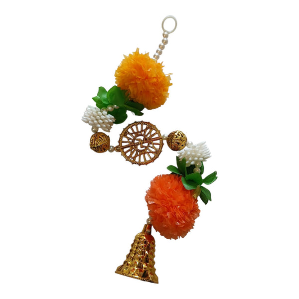 Diwali wall hanging featuring a gold Swastik motif, yellow and orange flowers, white buds, green leaves and decorative bell.