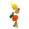 Close view of Swastik Diwali wall hanging with yellow and orange flower clusters, gold ornaments and a hanging bell.