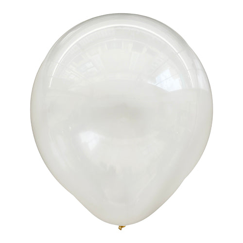 Product view of crystal clear latex balloons, showing the listed colour and finish for twelve-inch party backdrop groups and celebration decorations.