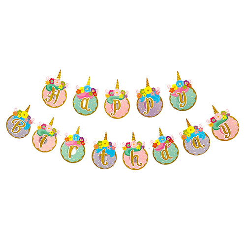 Unicorn birthday party wall backdrop banner with pastel rainbow theme decoration from Funzoop The Party Shop