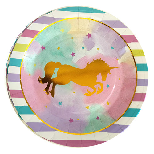 Glossy unicorn paper party plate featuring a golden unicorn silhouette, pastel background, scattered stars and striped border for themed celebrations.