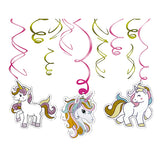 Unicorn theme hanging swirl decorations with colorful unicorn cutouts for birthday party décor from Funzoop The Party Shop