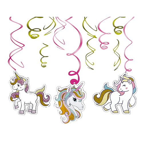 Unicorn theme hanging swirl decorations with colorful unicorn cutouts for birthday party décor from Funzoop The Party Shop