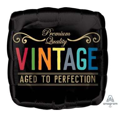 Vintage Birthday Aged to Perfection Foil Balloon shown as a product reference for birthday celebrations, with its themed design visible.