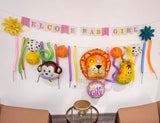 Welcome Baby Girl jungle theme decoration setup with animal foil balloons by Funzoop expert team from Funzoop The Party Shop