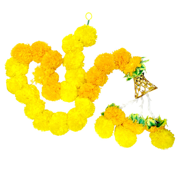 Yellow artificial marigold-style Diwali hanging with green leaf accents, a gold decorative cap, white sprigs and three floral tassels.