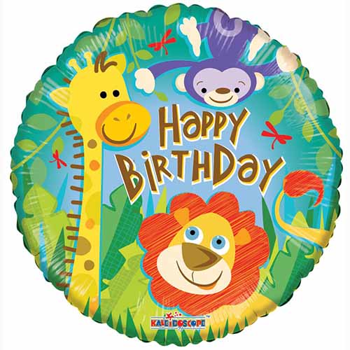 Jungle Friends Birthday Foil Balloon, 18 Inch shown as a product reference for birthday celebrations, with its themed design visible.