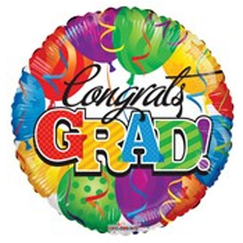 Congrats Grad Foil Balloon, Black & Gold, 18 Inch shown as a product reference for graduation and achievement celebrations, with its themed design visible.