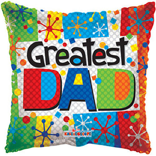 Greatest Dad Square Foil Balloon, 18 Inch shown as a product reference for Father's Day, birthdays and appreciation gifts for Dad, with its themed design visible.