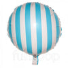 Blue candy striped foil balloon shown as a product reference for themed parties and celebration displays, with its themed design visible.