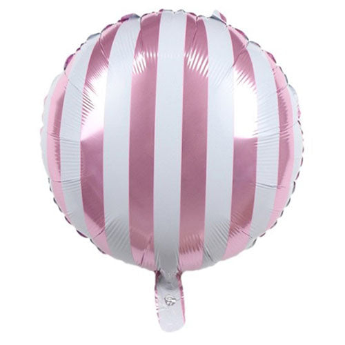 Pink candy striped foil balloon shown as a product reference for themed parties and celebration displays, with its themed design visible.
