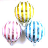Pink, blue and gold candy striped foil balloons shown together shown as a product reference for themed parties and celebration displays, with its themed design visible.