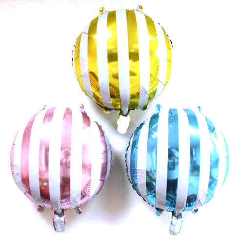 Pink, blue and gold candy striped foil balloons shown together shown as a product reference for themed parties and celebration displays, with its themed design visible.