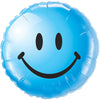 Blue round smiley face foil balloon with black eyes and a curved smile shown as a product reference for themed parties and celebration displays, with its themed design visible.