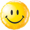 Gold round smiley face foil balloon with black eyes and a curved smile shown as a product reference for themed parties and celebration displays, with its themed design visible.