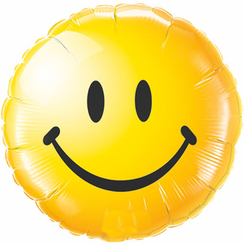 Gold round smiley face foil balloon with black eyes and a curved smile shown as a product reference for themed parties and celebration displays, with its themed design visible.