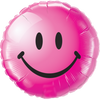 Pink round smiley face foil balloon with black eyes and a curved smile shown as a product reference for themed parties and celebration displays, with its themed design visible.