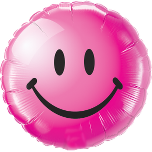 Pink round smiley face foil balloon with black eyes and a curved smile shown as a product reference for themed parties and celebration displays, with its themed design visible.