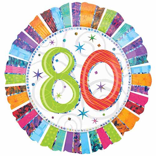 80th milestone birthday foil balloon with a black and gold glitter-effect printed design shown as a product reference for birthday celebrations, with its themed design visible.