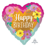 18" Happy Birthday PAINTED FLOWERS Heart Shaped Foil Balloon